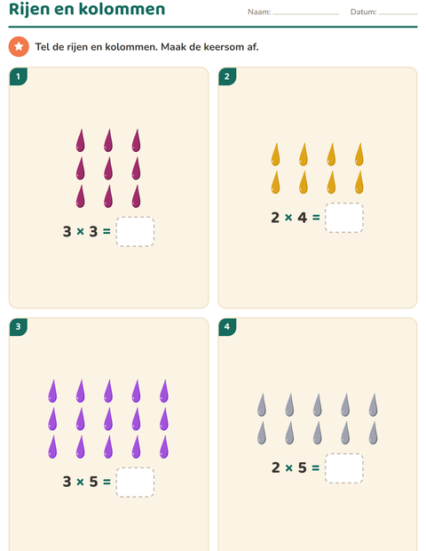 Voorbeeld van het Keersommen-werkblad met Kleuren voor groep 4