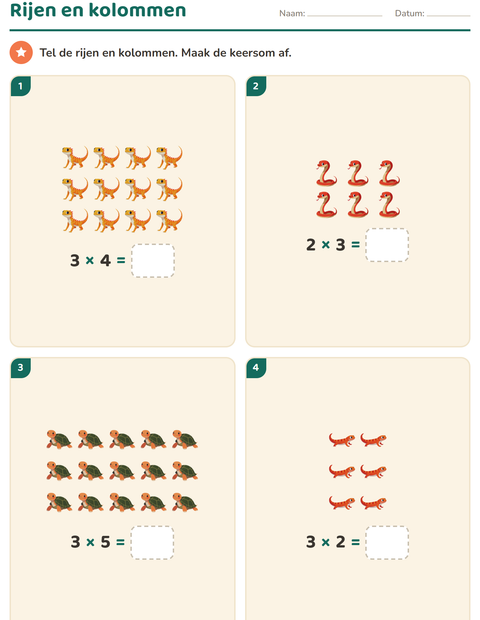 Voorbeeld van het Keersommen-werkblad met Reptielen en amfibieën voor groep 4