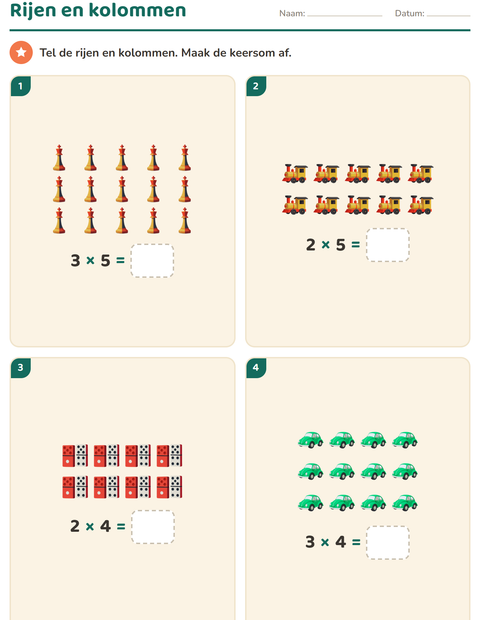 Voorbeeld van het Keersommen-werkblad met Speelgoed voor groep 4