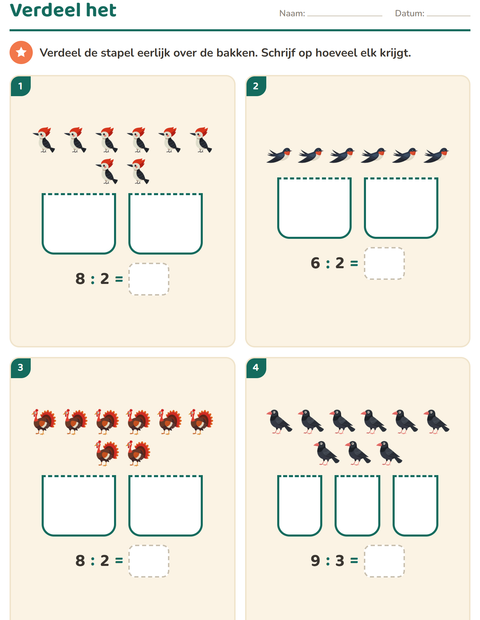Voorbeeld van het Keersommen-werkblad met Vogels 2 voor groep 5