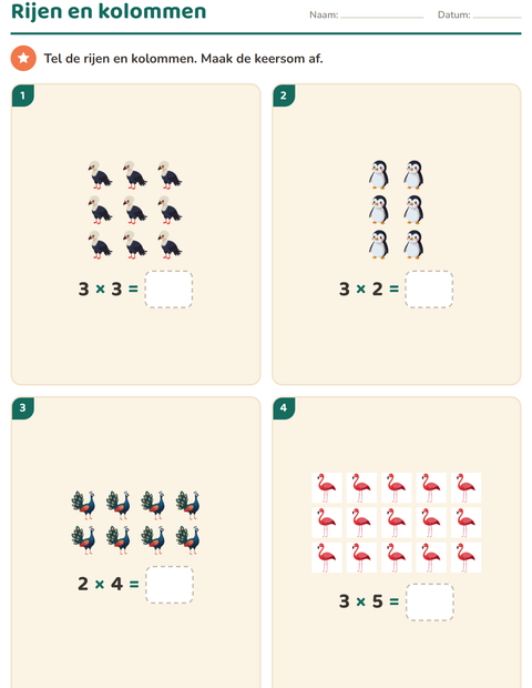 Voorbeeld van het Keersommen-werkblad met Vogels voor groep 4