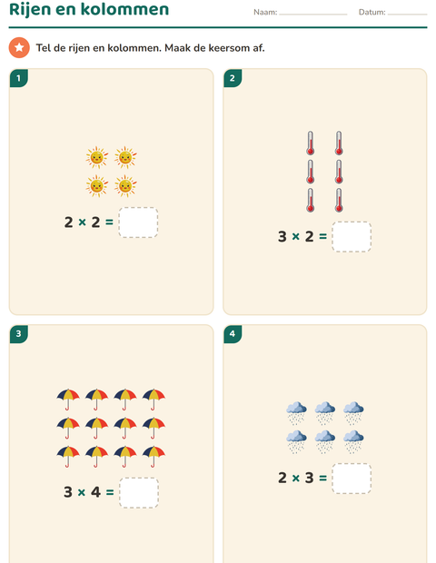 Voorbeeld van het Keersommen-werkblad met Weer voor groep 4