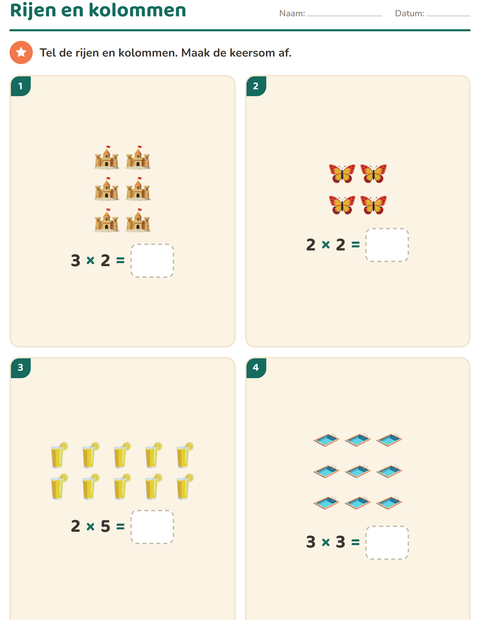 Voorbeeld van het Keersommen-werkblad met Zomer voor groep 4