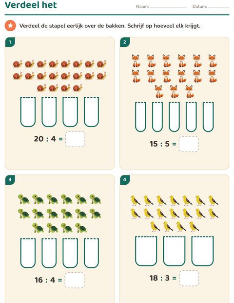 Voorbeeld van het Keersommen-werkblad met Boswezens voor groep 5