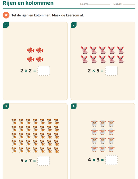 Voorbeeld van het Keersommen-werkblad met Dieren voor groep 4