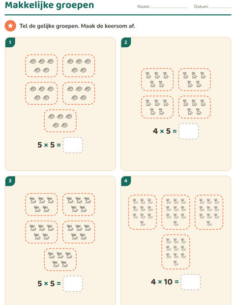 Voorbeeld van het Keersommen-werkblad met Dieren ZW 2 voor groep 4