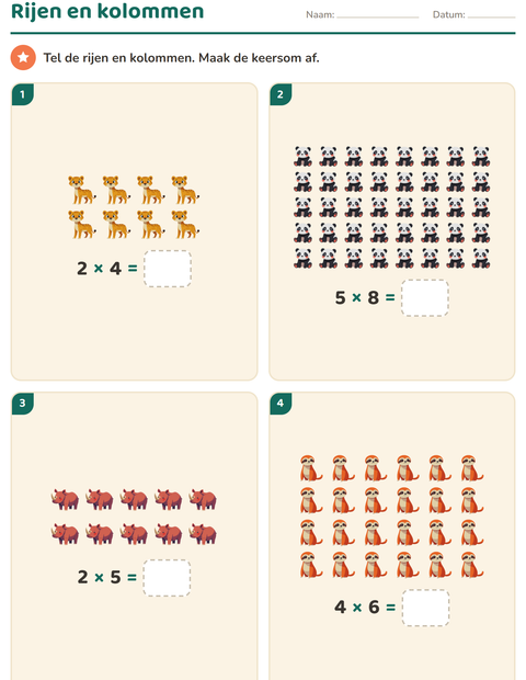 Voorbeeld van het Keersommen-werkblad met Dierentuindieren voor groep 4