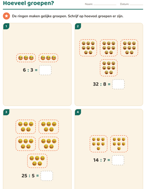 Voorbeeld van het Keersommen-werkblad met Emoties voor groep 4