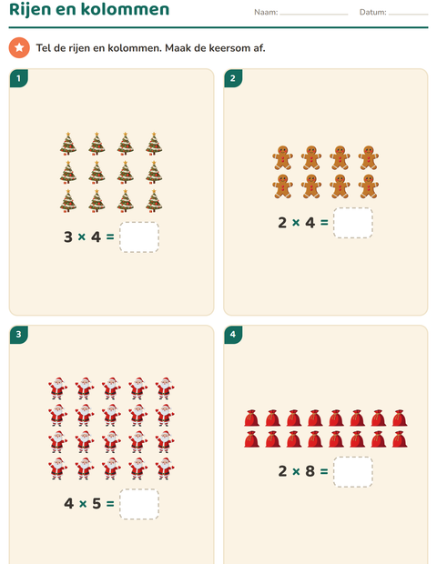 Voorbeeld van het Keersommen-werkblad met Kerstmis voor groep 4