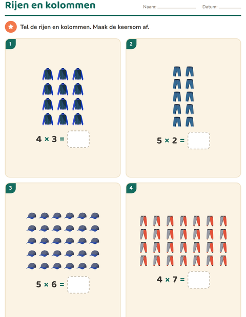 Voorbeeld van het Keersommen-werkblad met Kleding voor groep 4