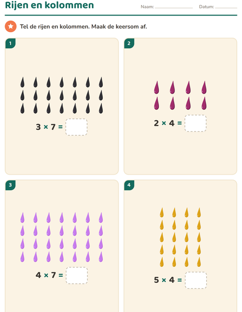 Voorbeeld van het Keersommen-werkblad met Kleuren voor groep 4