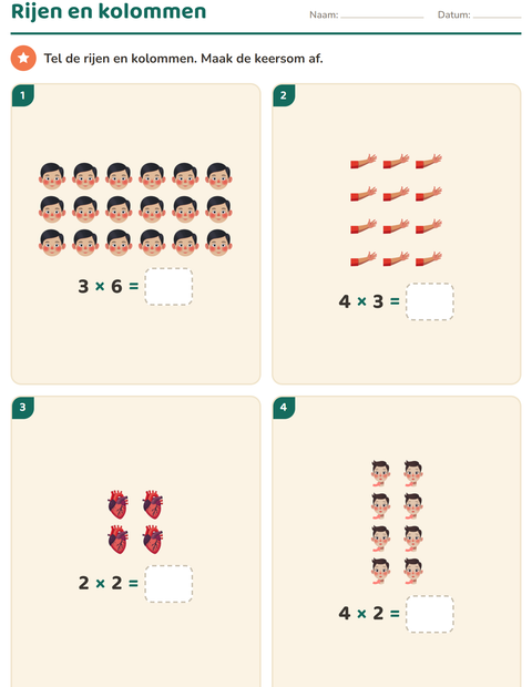 Voorbeeld van het Keersommen-werkblad met Lichaamsdelen voor groep 4