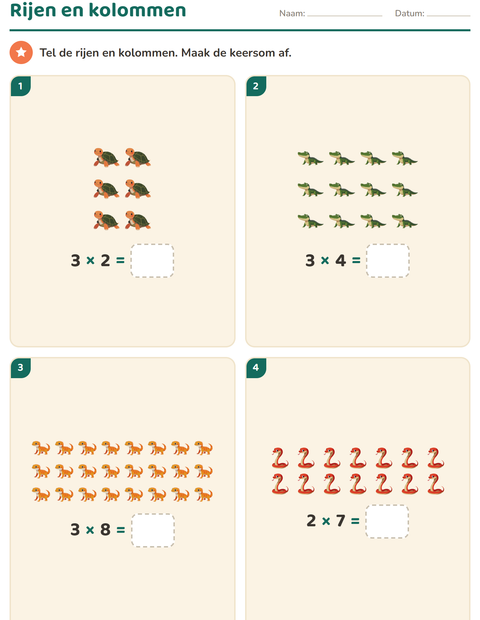 Voorbeeld van het Keersommen-werkblad met Reptielen en amfibieën voor groep 4