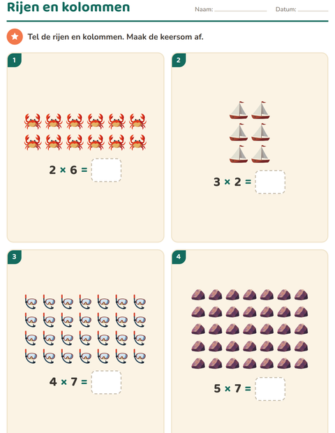 Voorbeeld van het Keersommen-werkblad met Strand voor groep 4