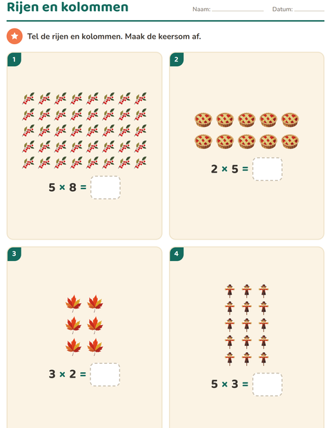 Voorbeeld van het Keersommen-werkblad met Thanksgiving voor groep 4