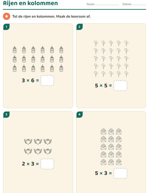 Voorbeeld van het Keersommen-werkblad met Valentijnsdag ZW voor groep 4