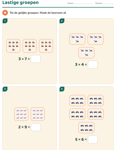 Voorbeeld van het Keersommen-werkblad met Voertuigen voor groep 5
