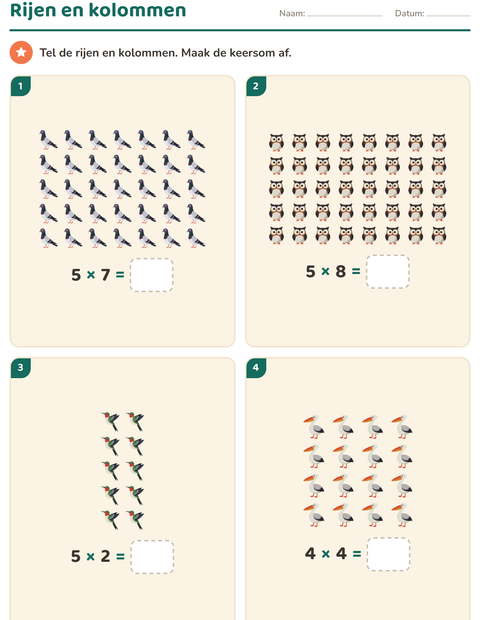 Voorbeeld van het Keersommen-werkblad met Vogels 2 voor groep 4