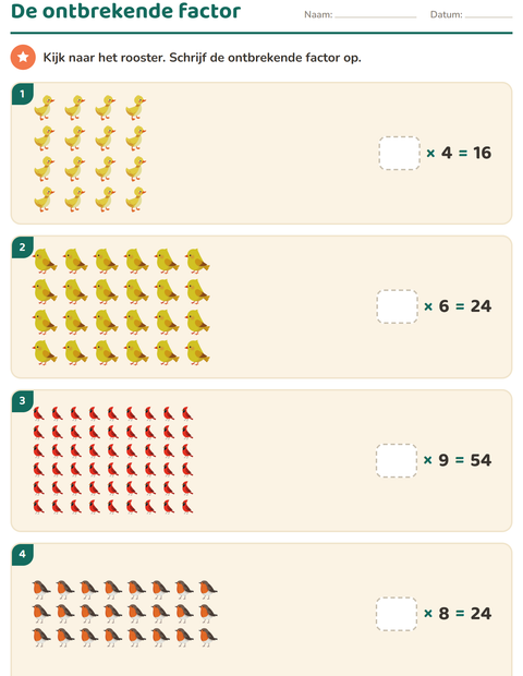 Voorbeeld van het Keersommen-werkblad met Vogels 2 voor groep 5