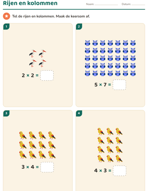 Voorbeeld van het Keersommen-werkblad met Vogels voor groep 4