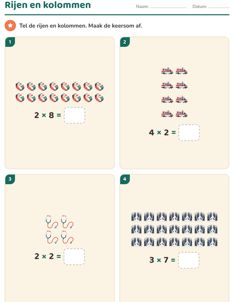 Voorbeeld van het Keersommen-werkblad met Ziekenhuis voor groep 4