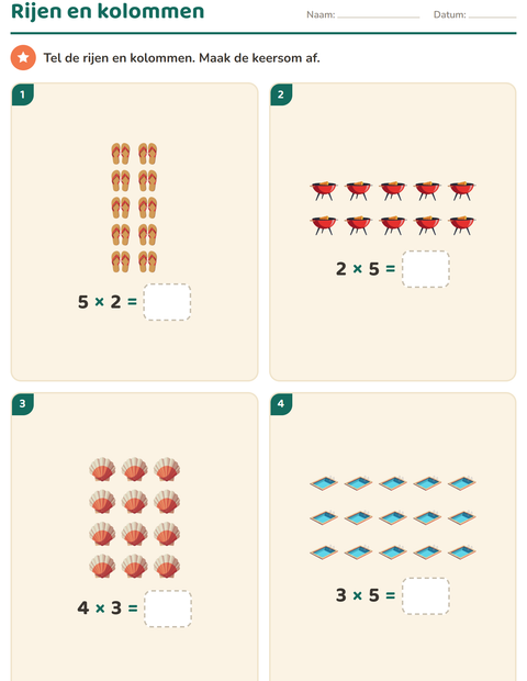 Voorbeeld van het Keersommen-werkblad met Zomer voor groep 4