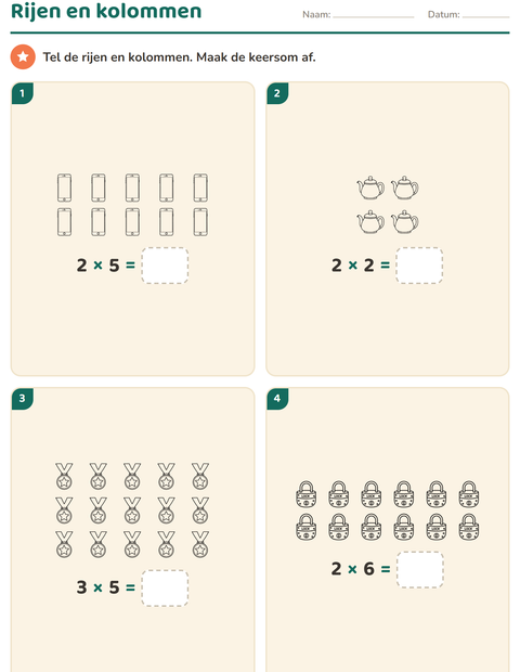 Voorbeeld van het Keersommen-werkblad met Objecten ZW voor groep 4