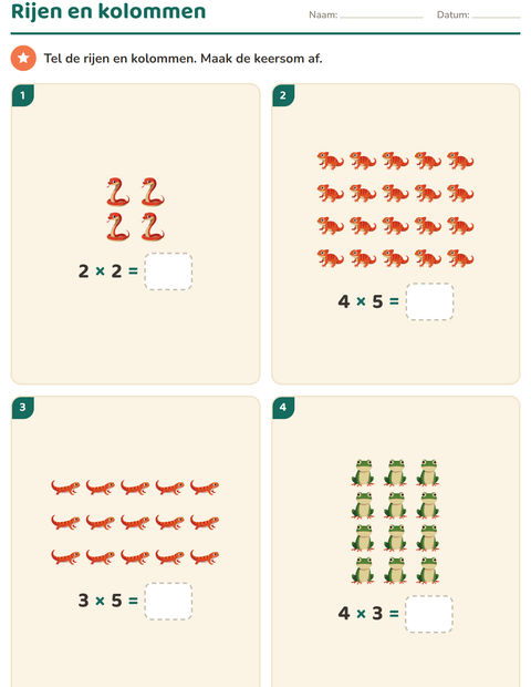 Voorbeeld van het Keersommen-werkblad met Reptielen en amfibieën voor groep 4