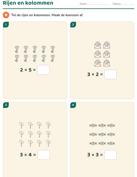 Voorbeeld van het Keersommen-werkblad met Valentijnsdag ZW voor groep 4