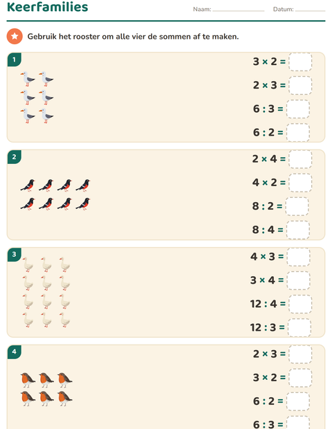 Voorbeeld van het Keersommen-werkblad met Vogels 2 voor groep 5