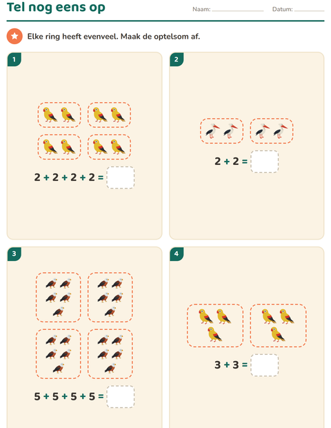 Voorbeeld van het Keersommen-werkblad met Vogels voor groep 4