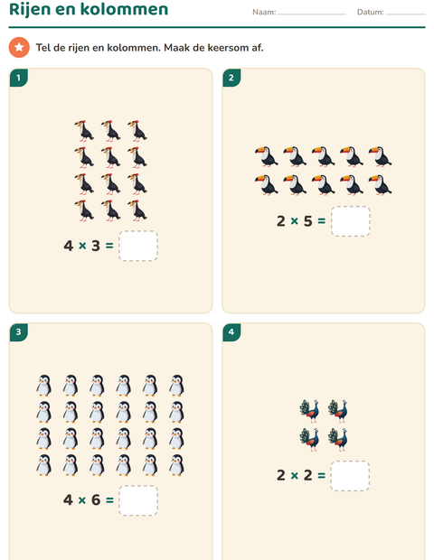 Voorbeeld van het Keersommen-werkblad met Vogels voor groep 4