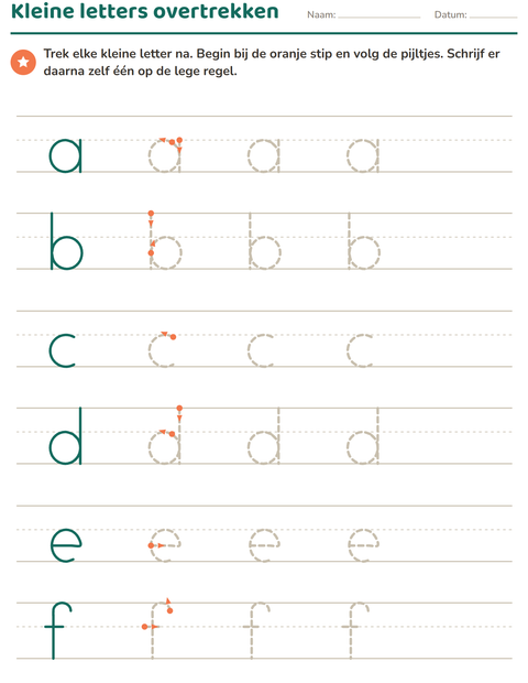 Kleine letters overtrekken: a tot f op schrijfregels