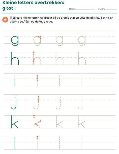 Kleine letters overtrekken: g tot l