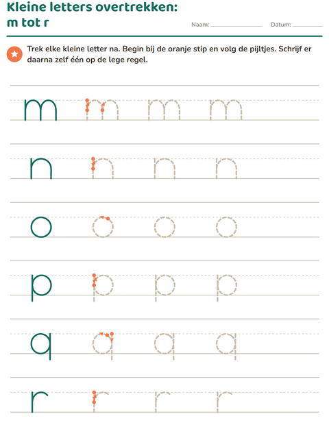 Kleine letters overtrekken: m tot r