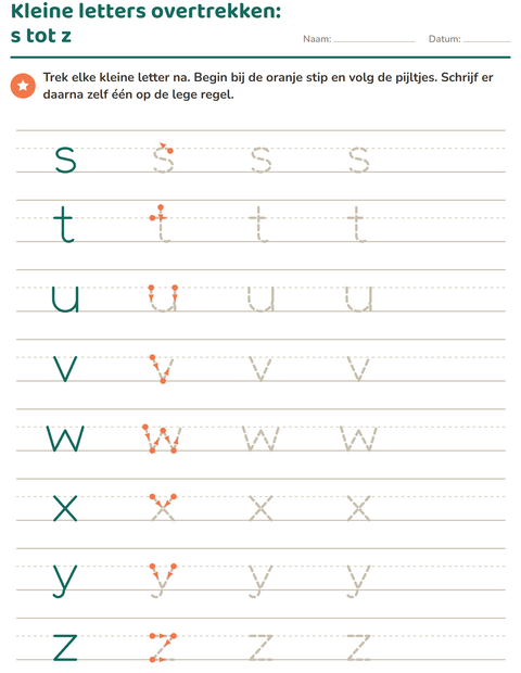 Kleine letters overtrekken: s tot z
