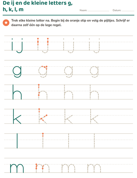 De kleine ij overtrekken, met g, h, k, l en m