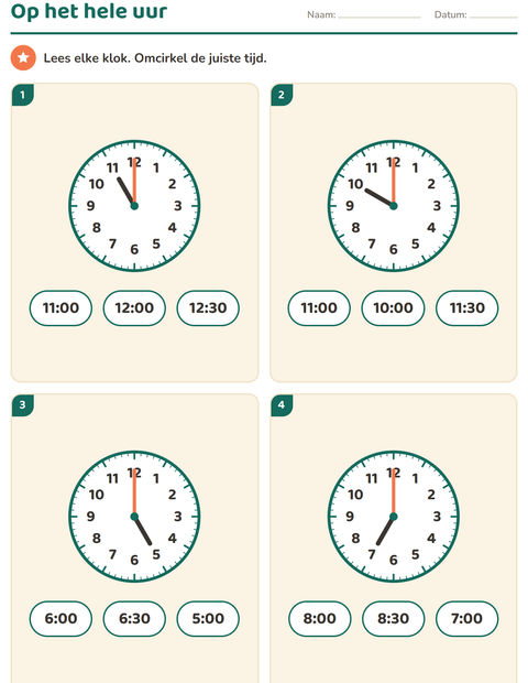 Klokkijken werkbladen voor groep 3 — 2