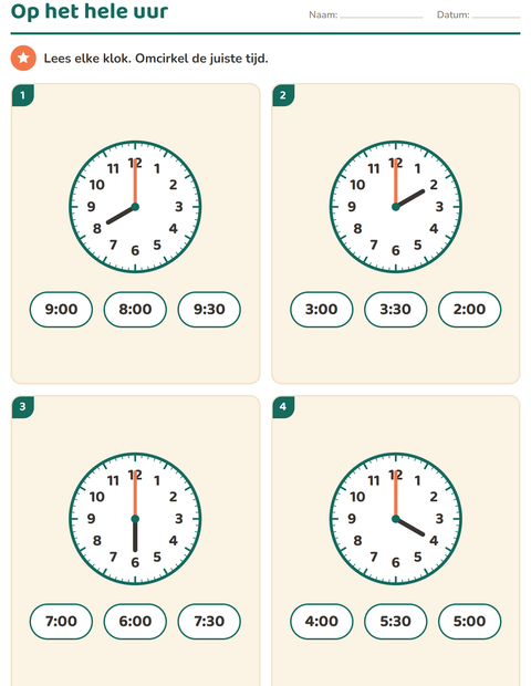 Klokkijken werkbladen voor groep 3 — 3