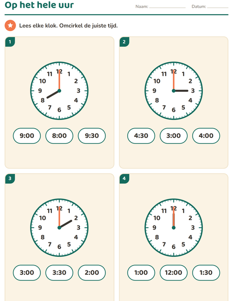 Klokkijken werkbladen voor groep 3 — 4