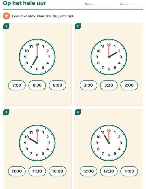 Klokkijken werkbladen voor groep 3 — 5