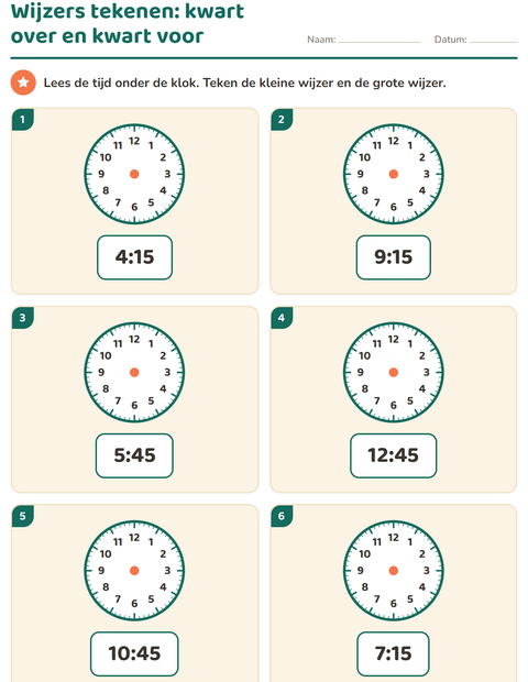 Voorbeeld van het Klokkijken-werkblad voor groep 3