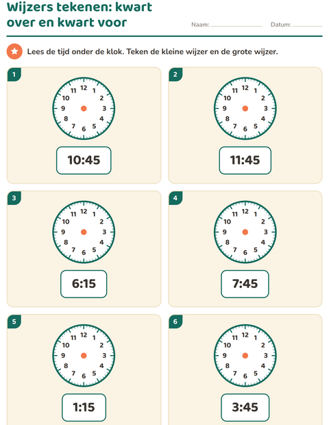 Kwart over en kwart voor: teken de wijzers