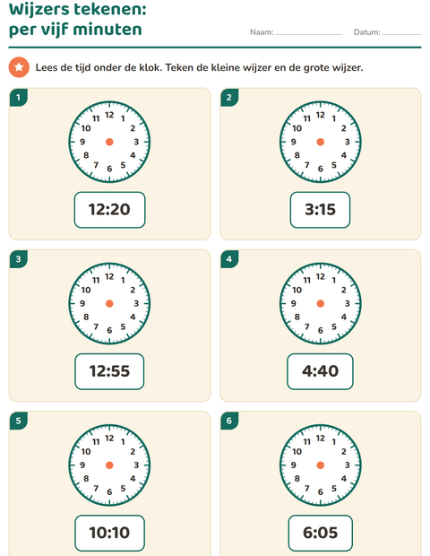 Voorbeeld van het Klokkijken-werkblad voor groep 3