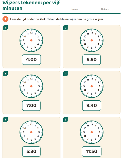Wijzers tekenen per vijf minuten