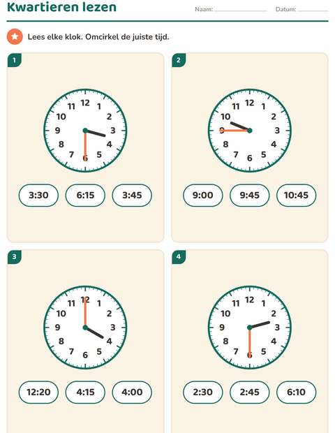 Voorbeeld van het Klokkijken-werkblad voor groep 4