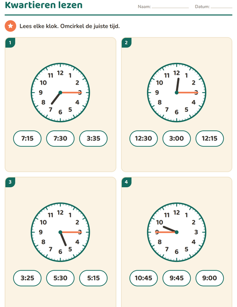 Voorbeeld van het Klokkijken-werkblad voor groep 4