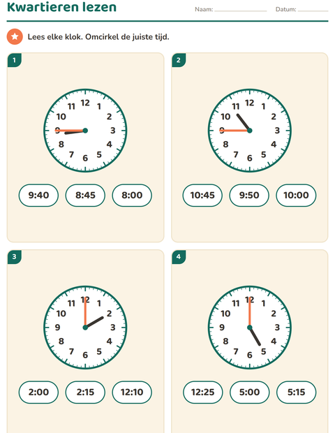 Voorbeeld van het Klokkijken-werkblad voor groep 4