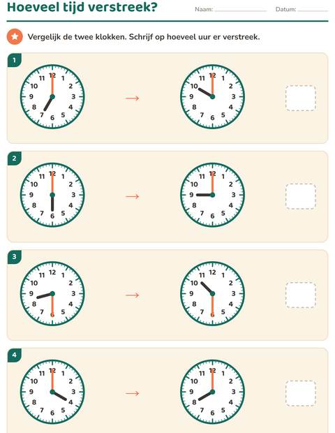 Voorbeeld van het Klokkijken-werkblad voor groep 5