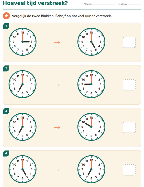 Voorbeeld van het Klokkijken-werkblad voor groep 5